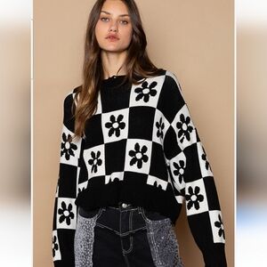 HOLLISTER Check and Floral PatternSweater in Black White. Size XXS NWT